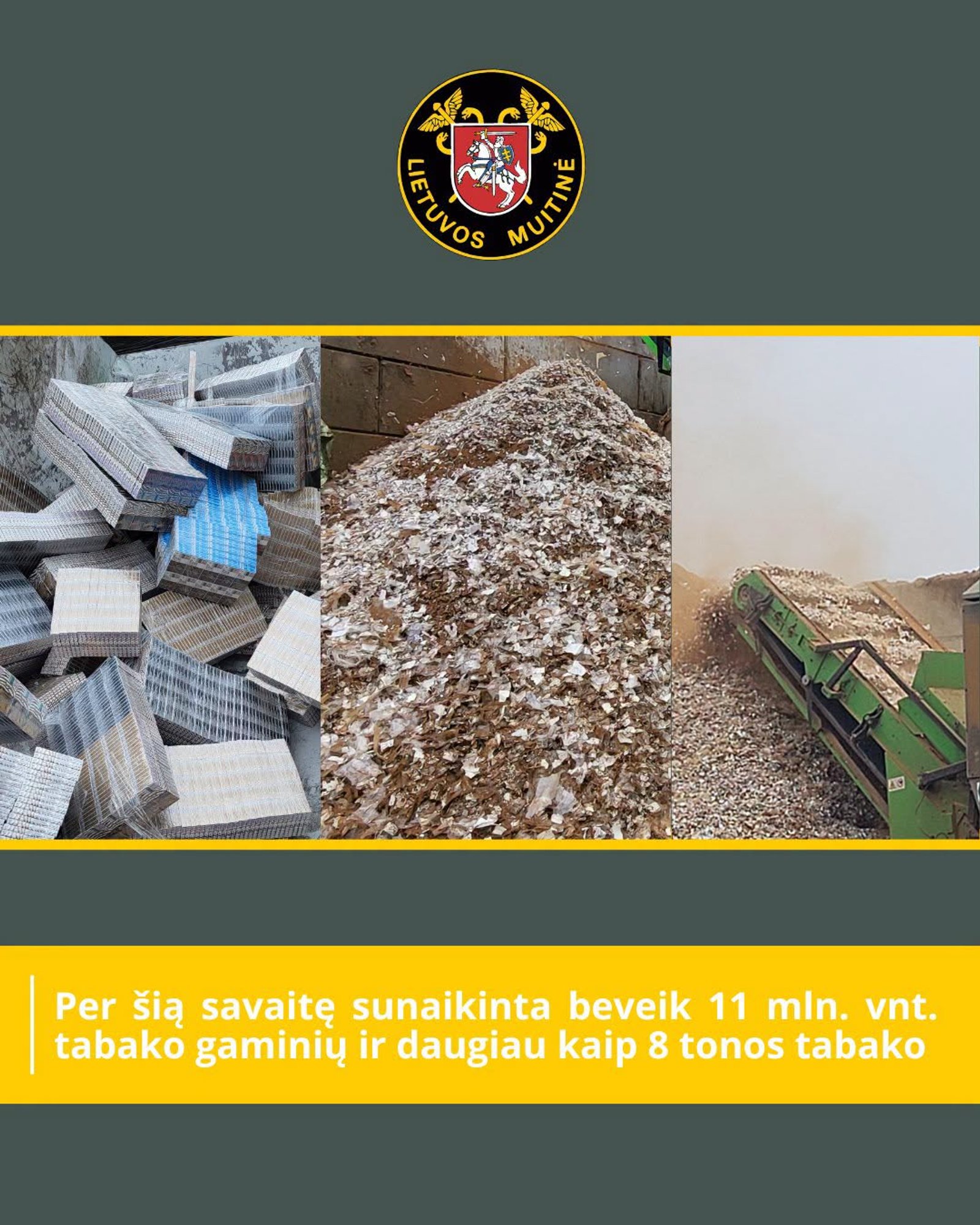 Lithuanian customs destroy over 10 million cigarettes, 8.2 tons of tobacco