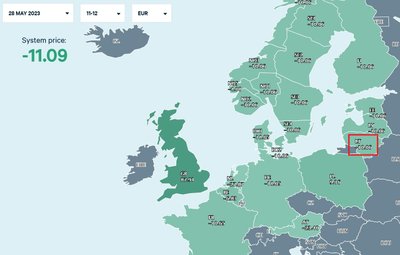 Elektros kaina Nord Pool Spot biržoje, gegužės 28 dieną, 12-13 val. Lietuvos laiku (Eur/MWh)