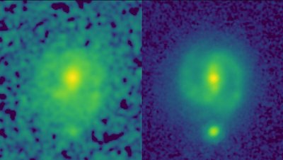 Viena iš dviejų tolimiausių skersėtų galaktikų, EGS23205. Kairėje – Hubble nuotrauka, kurioje galaktikos struktūros praktiškai nematyti. Dešinėje – James Webb daryta nuotrauka, kurioje skersė akivaizdi. Šaltinis: NASA/CEERS/University of Texas at Austin