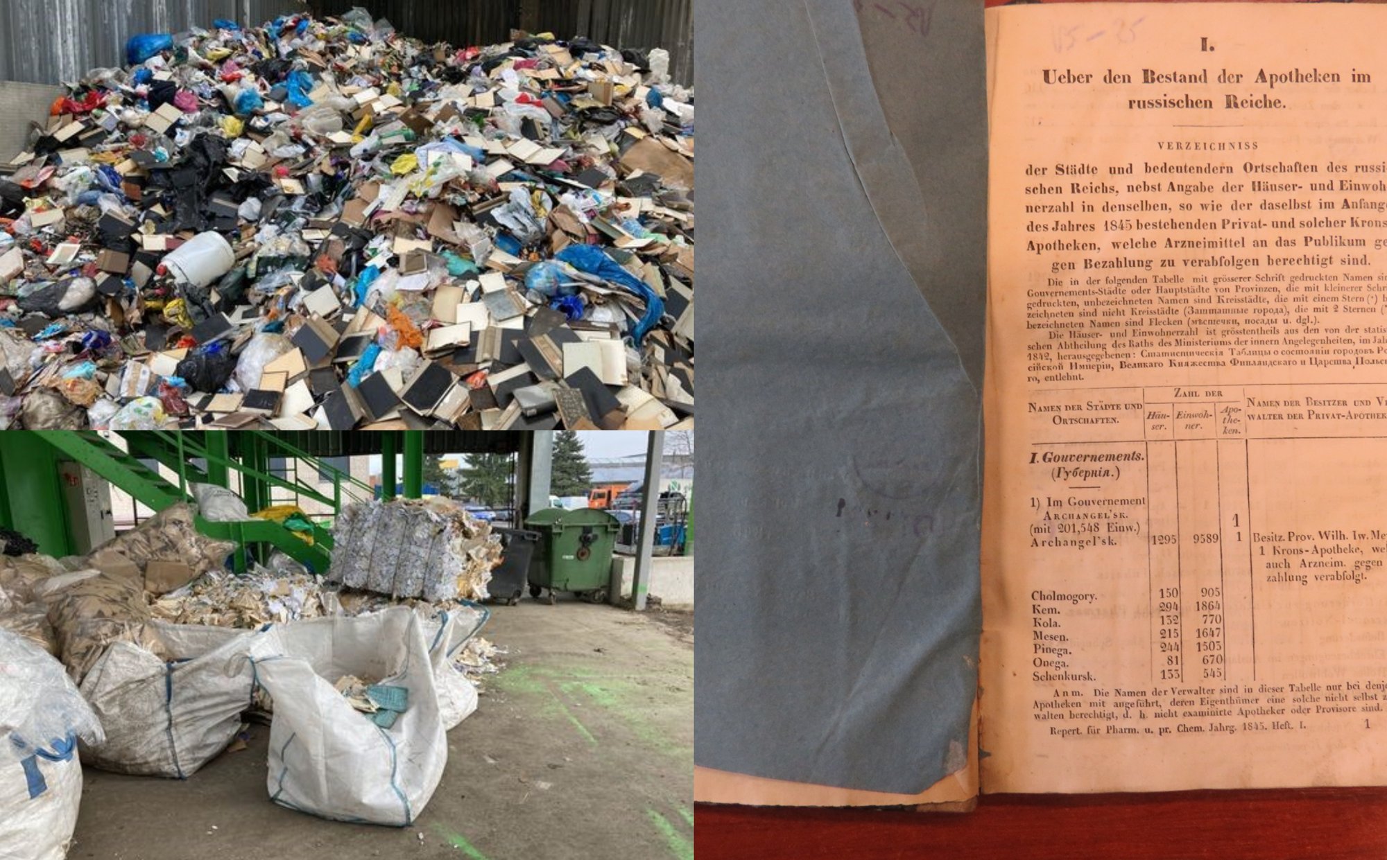 Šiukšlių konteineryje atsidūrusios knygos (Kultūros paveldo departamento nuotr./ DELFI montažas)