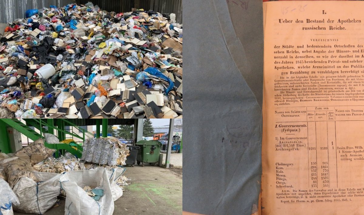 Šiukšlių konteineryje atsidūrusios knygos (Kultūros paveldo departamento nuotr./ DELFI montažas)