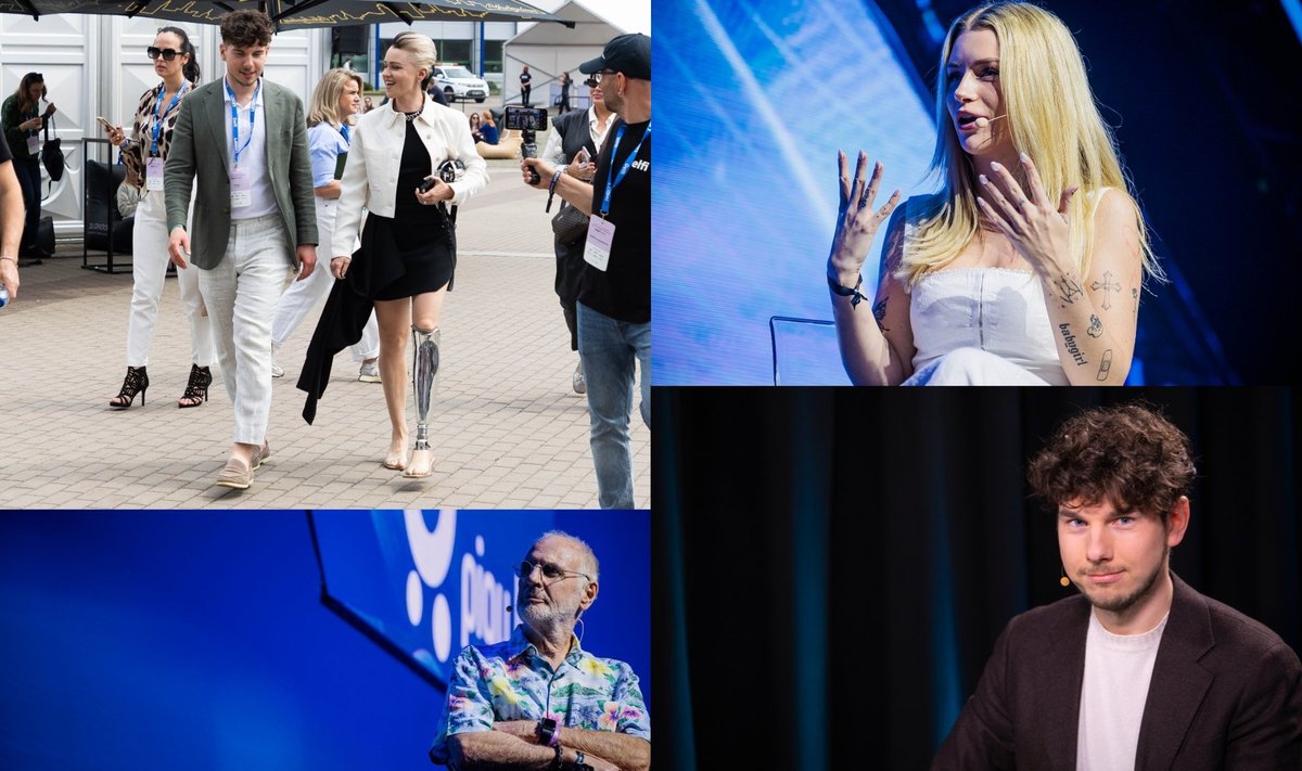 Tomas Stasiukevičius ir legendiniai LOGIN konferencijos pranešėjai: bioninė moteris Viktoria Modesta (viršuje kairėje), garsus modelis ir OnlyFans platformos žvaigždė Lottie Moss (viršuje dešinėje), eutanazijos kapsulės išradėjas Philip Nitschke (apačioje kairėje)