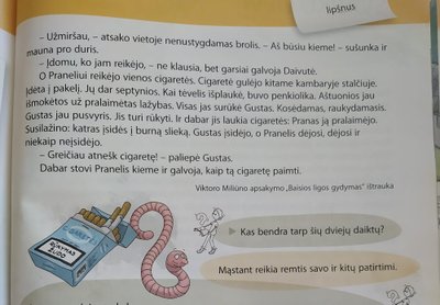 Pradinukų vadovėlyje pateikta užduotis apie cigaretes.