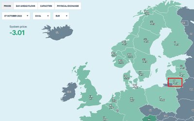 Elektros vidutinė didmeninė kaina regione spalio 7 d., 4-5 val. Lietuvos laiku (Eur/MWh, be PVM)