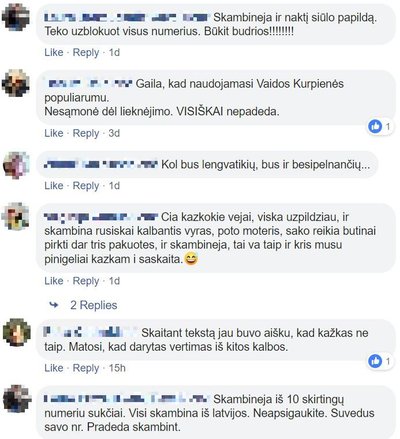 Facebook vartotojų komentarai po melagingu reklaminiu straipsniu