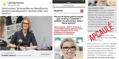 Įvairūs sukčių interneto puslapiai, skleidę netikrą informaciją V. Kurpienės vardu