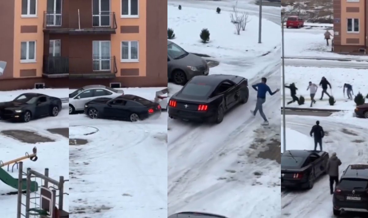 Neblaivus rusas vairavo Mustang ir daugiabučių namų kieme daužė kitus automobilius