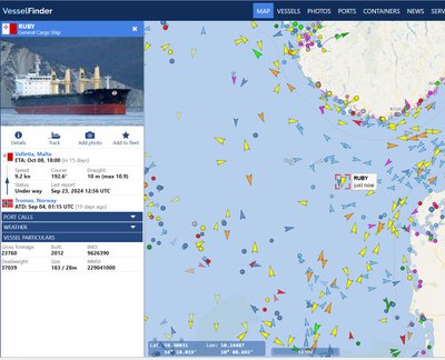 Naujausia laivo „Ruby“ pozicija Šiaurės jūroje ir nurodomas tikslas – Valeta, Malta