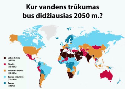 Vandens trūkumo prognozė 2050 metais. Labiausiai paveiktos teritorijos bus Šiaurės ir Pietų Afrika bei Viduriniai Rytai, kur vandens trūkumas viršys 80 proc.