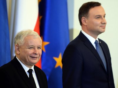 Jaroslawas Kaczynskis ir Lenkijos prezidentas Andrzejus Duda 