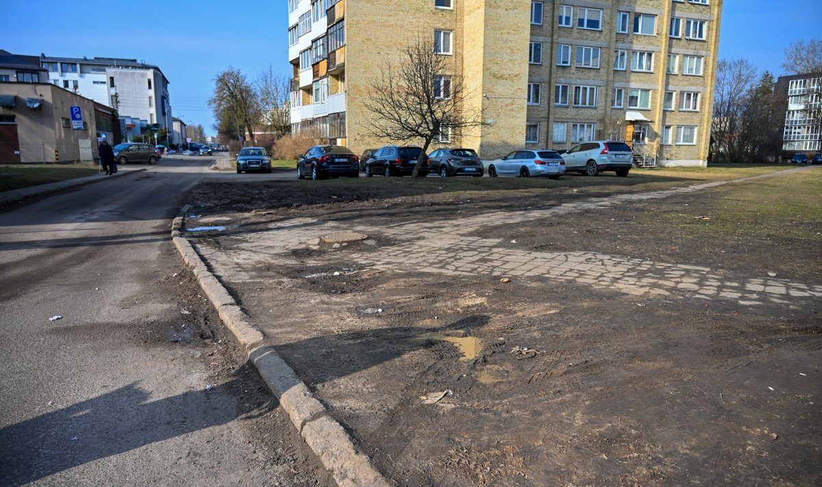 Išvažinėta veja daugiabučių kieme