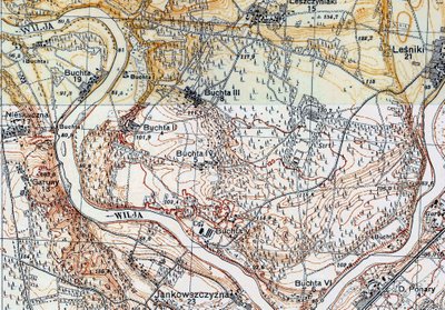 1933 m. Vilniaus žemėlapis. Apjuosti Neries matomi Buchtų kaimai. Po pavadinimais – namų skaičius.