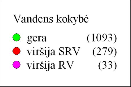 Požeminio vandens, naudojamo geriamojo vandens tiekimui, kokybė (SRV – specifikuota rodiklio vertė, RV – ribinė vertė) žemėlapio legenda