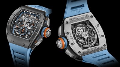 „Richard Mille RM 11-05“. Korpusas iš „Cermet“, „Carbon TPT“ ir grade 5 titano. Automatinis manufaktūrinis mechanizmas RMAC3 su kintamos geometrijos prisukimo rotoriumi, 68 akmenys, galios atsarga 50 val. Funkcijos: valandos, minutės, sekundės, chronografas su 60 min. ir 24 val. ciferblatais, antra laiko juosta (GMT). ©Richard Mille