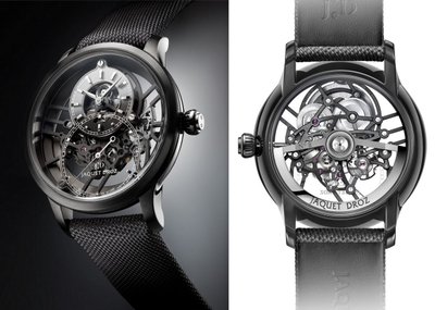 „Jaquet Droz Grande Seconde Skelet-One“. Korpusas iš keramikos, diametras 41,5 mm, safyro kristalas su antirefleksine danga iš abiejų pusių, nelaidus vandeniui iki 30 m. Manufaktūrinis automatinis mechanizmas JD2663 SQ, 30 akmenų, galios atsarga 68 val. Apyrankė iš tekstilės su keramikos ir plieno sagtimi. ©Jaquet Droz