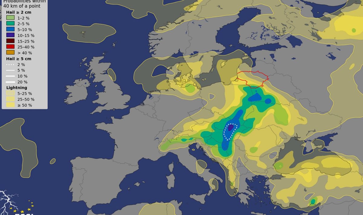 Europos pavojingų audrų laboratorijos sugeneruotas žemėlapis rodantis vietas kur yra didžiausia perkūnijų (gelsvi atspalviai) ir krušos (žalsvi-melsvi atspalviai) tikimybė.