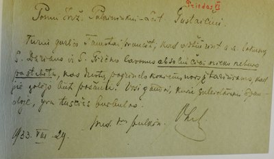 Prof. ats. plk. K. Oželio raštelis Aviacijos pakomisės vadovui plk.ltn. A. Gustaičiui dėl „absoliučiai nesamo“ pagrindo įtarimams dėl pašovimo. 1933-08-29 /  Neskelbiamas archyvas, GKS nuotr.