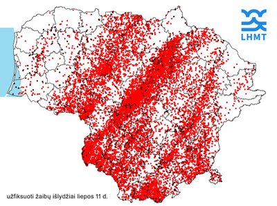 Liepos 11-osios žaibų išlydžių žemėlapis