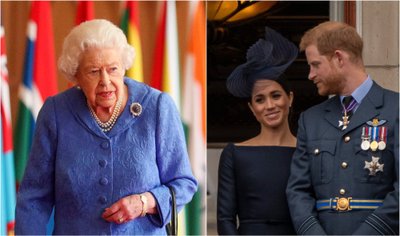 Karalienė Elizabeth II ir princas Harry su Meghan Markle