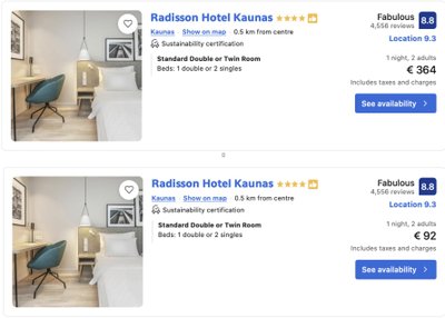 Radisson Hotel Kaunas kainų skirtumai Justin Timberlake koncerto ir kito savaitgalio metu