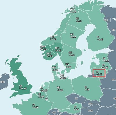 Elektros rinkos kaina regione 15–16 val. (Lietuvos laiku)