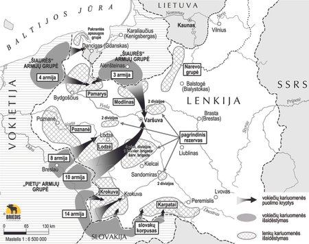 Vokiečių „Lenkijos kampanija“.  Vokietijos ir Lenkijos pajėgų išsidėstymas 1939 m. rugpjūčio 31 d.  bei tolesni Vokietijos puolimo planai, leidyklos „Briedis“ nuotr.