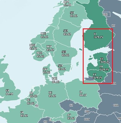 Elektros didmeninė valandinė kaina sausio 4 d., 8–9 val. Lietuvos laiku (Eur/MWh, be PVM)