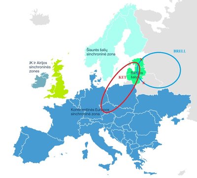 Energetinių sistemų žemėlapis ir KET bei BRELL (IPS/UPS) sistemų iliustracija