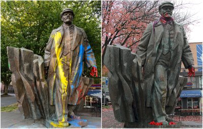 Ukrainos palaikymo ženklai ant Lenino paminklo Sietle, JAV