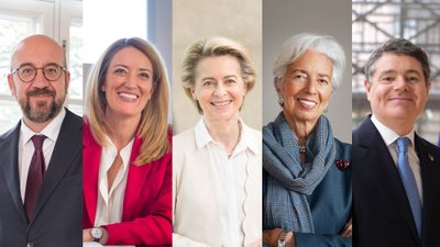 Paschal Donohoe (Euro grupės Pirmininkas), Christine Lagarde (Europos Centrinio Banko Pirmininkė), Roberta Metsola (Europos Parlamento Pirmininkė), Charles Michel (Europos Vadovų Tarybos Pirmininkas) ir Ursula von der Leyen (Europos Komisijos Pirmininkė)