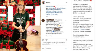 Kornelijos Jasiūnaitės instagramo paskyra ir „mikro-influencerių“ augintojų žinutė