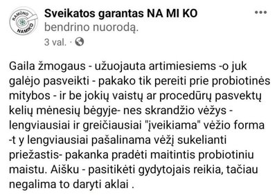 „Sveikatos garantas NAMIKO“ komentaras  papiktino žmones / Foto: Facebook