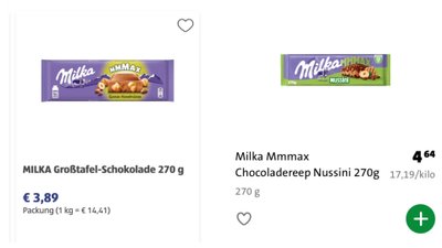 ?Milka“ ?okolado kainos Vokietijos ?Aldi“ ir Nyderland? ?Jumbo“ prekybos tinkl? parduotuv?se