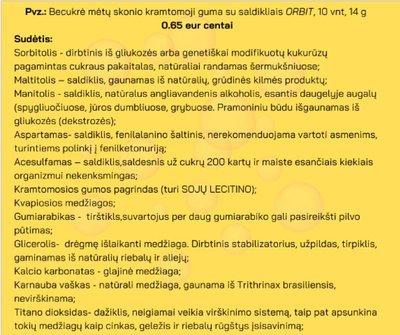 Prekybos centruose parduodamos gumos, saldinamos įvairiais kitais dirbtiniais saldikliais, sudėtis