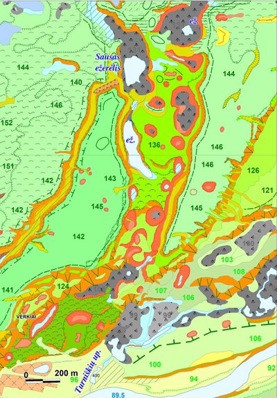 Verkių riną sudarančių termokarstinių daubų virtinė (Vilniaus geomorfologinio  žemėlapio fragmentas)