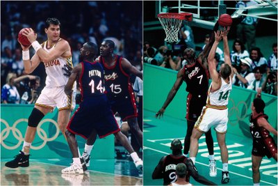 Arvydas Sabonis ir Gintaras Einikis – prieš JAV rinktinę Atlantoje