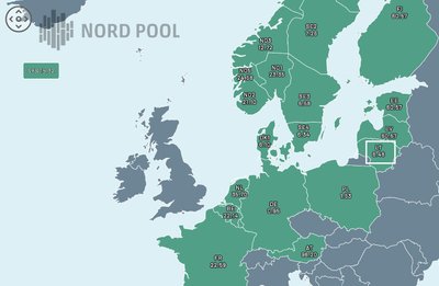 Vidutinė paros elektros kaina „Nord Pool“ biržoje 2025 m. sausio 1 d., Eur/MWh (be PVM)