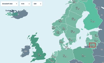 Didmeninė elektros kaina „Nord Pool Spot“ biržoje rugpjūčio 8 dieną (16–17 val. Lietuvos laiku)