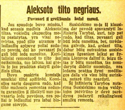 Medinio Aleksoto tilto likimas 1929 m. („Facebook“ grupės „nesi iš kauno jei ne“ nario Kastyčio Antanaičio nuotr.