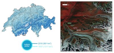 Ledynų tirpimas 1850–2016 m. pietvakarių Šveicarijoje, remiantis GLAMOS aerofotografiniais ir palydoviniais stebėjimais. Dešinėje – 2016 m. spalio 2 d. netikros spalvos „Landsat 8“ palydovinis vaizdas su ledynų paplitimą skirtingais laikotarpiais vaizduojančiomis linijomis