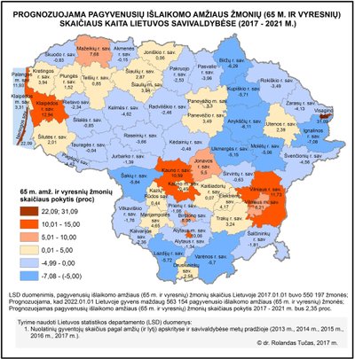 Prognozuojama pagyvenusių išlikomo amžiaus gyventojų (65 m. ir vyresnių) skaičiaus kaita Lietuvos savivaldybėse (2017–2021 m.).