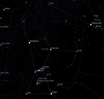 Oriono (Šienpjovių) žvaigždynas (piešinys sukurtas „Stellarium“ programa)