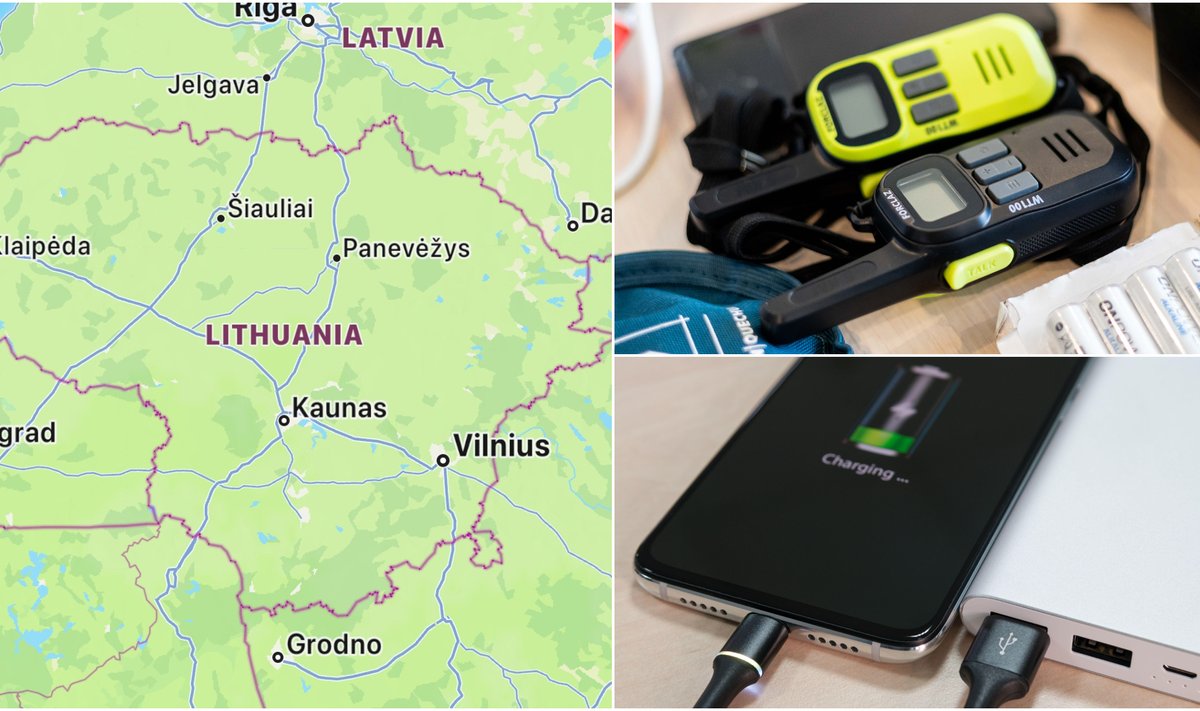 Lietuvos žemėlapis, radijo stotelė, išmanusis telefonas ir nešiojamoji baterija
