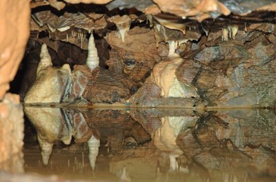 Stalaktitai atsispindi požeminio vandens telkinio paviršiuje