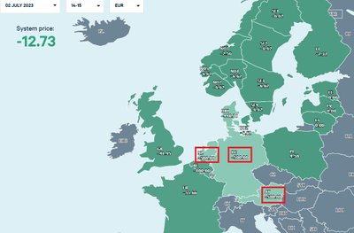 Valandinė didmeninė elektros kaina Europoje liepos 2 dieną (Eur/MWh, CET laikas)