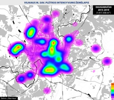 NT vystymo žemėlapis. Kuo tankiau ir daugiau buvo pastatyta konkrečioje teritorijoje, tuo spalva yra šiltesnė (oranžinė-raudona spalvos)