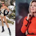 Paltą nusimetusi Audronė Bunikeinė sniego fone pademonstravo nepriekaištingą figūrą: dėl tokio kadro gali snigt visą vasarą