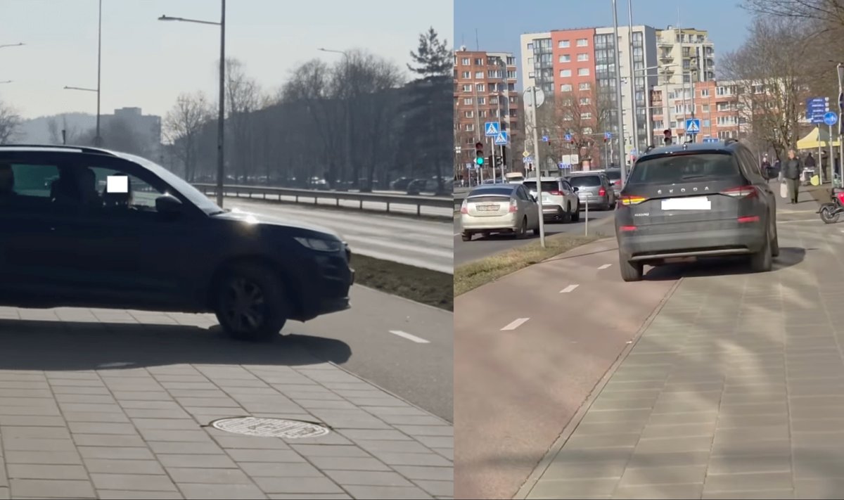 Automobiliai į parkingą važiuoja per šaligatvį