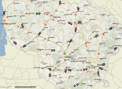 2019 m. pradžioje esamas vidutinio greičio matuoklių tinklas Lietuvoje