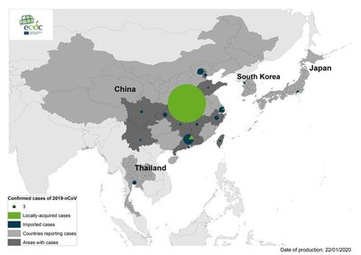 Naujo koronaviruso 2019-nCoV sukeltų atvejų geografinis pasiskirstymas
